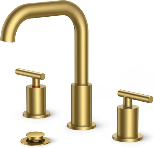 FORIOUS Grifo de lavabo de baño dorado cepillado de 3 agujeros, 2 manijas de 8 pulgadas de separación amplia, grifos de baño, boquilla giratoria de