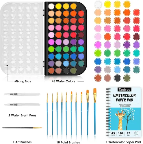 Miniatura 2 de Taotree Juego de pintura de acuarela, libro de ejercicios de acuarela, libro para colorear al agua, kit de acuarelas de 48 colores con 10 pinceles