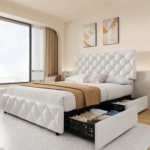 Miniatura 16 de IDEALHOUSE Base de cama de tamaño matrimonial con 4 cajones de almacenamiento y cabecera ajustable, camas de plataforma tapizadas con tapizado