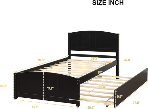 Miniatura 2 de Merax Cama de plataforma de madera tamaño individual, marco de cama con cama nido, no requiere somier, color espresso