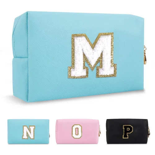 Miniatura 165 de Pequeña bolsa de maquillaje personalizada con inicial A-Z Preppy Patch, bolsa de cosméticos de viaje de felpilla blanca con cremallera, bonita bolsa