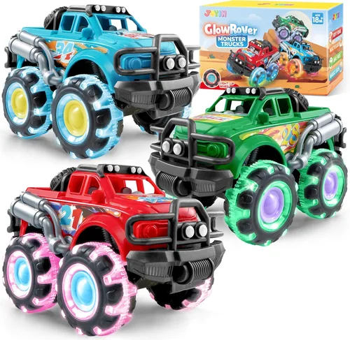 Vroomix Paquete de 3 Camiones Monstruo de Juguete - Camión de Juguete con Ruedas LED Intermitentes - Autos que se Iluminan para Niños Pequeños -