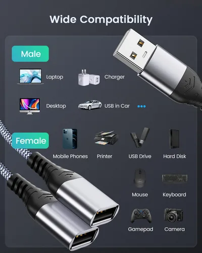 Miniatura 6 de ANDTOBO Divisor USB, USB 2.0 A macho a 2 USB hembra dual Jack Y Splitter Hub Cable de alimentación Cable adaptador de extensión