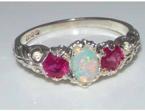 Miniatura 4 de Anillo de plata de ley 925 auténtico ópalo y rubí para mujer