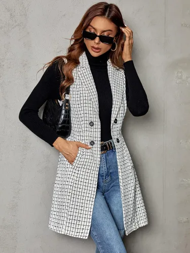 Miniatura 4 de Floerns Chaqueta de chaleco sin mangas con cuello de solapa para mujer con estampado a cuadros