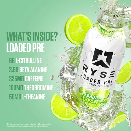 Miniatura 4 de RYSE Loaded - Baja Cooler - Bebida para antes del entrenamiento, sin azúcar, suplemento energético listo para beber con 325 mg de cafeína, citrulina