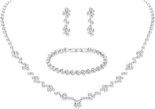 Tatibana Crystal Wedding Jewelry Set, Silver Necklace Earrings Bracelet Crystal Bridal Wedding Jewelry Sets for Brides Bridesmaid Prom Costume