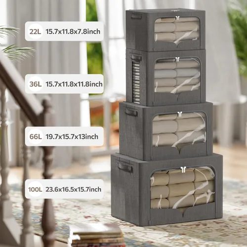 Miniatura 3 de FHSQX Paquete de 3 contenedores de almacenamiento de ropa plegables con marco de metal, caja de almacenamiento apilable, organizador de tela de lino