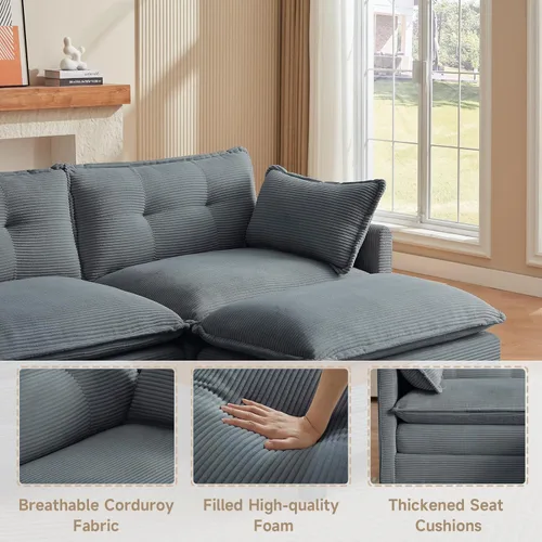 Miniatura 6 de Amsleekey Sofá Seccional Modular, Sofá Seccional de Pana en Forma de U de 111.5" Cómodo para Sala de Estar, Sofás Seccionales de Nube de 3 Plazas