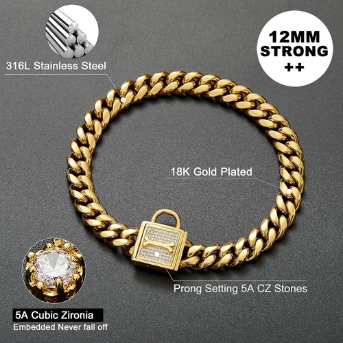 Miniatura 4 de Collar de cadena para perro con cierre de circonita de 0.472 in, cadena de eslabones cubanos de oro de 18 quilates, acero inoxidable, collar de lujo