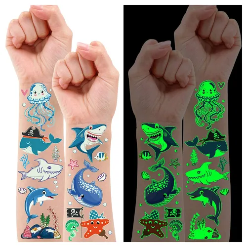 Partywind Tatuajes temporales luminosos de tiburón para niños, tiburones brillantes y océanos, decoraciones de cumpleaños, suministros de fiesta