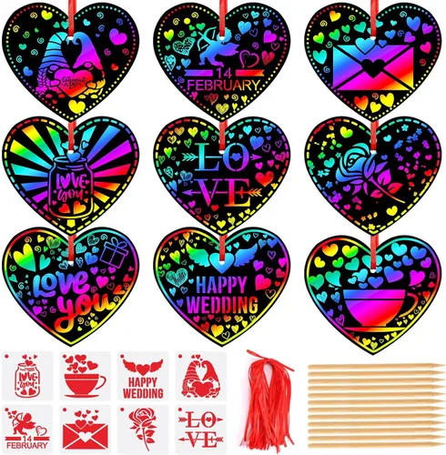 JULMELON Manualidades de San Valentín para niños, 48 piezas de tarjetas de San Valentín para niños, arte de rascar en forma de corazón, arco iris,