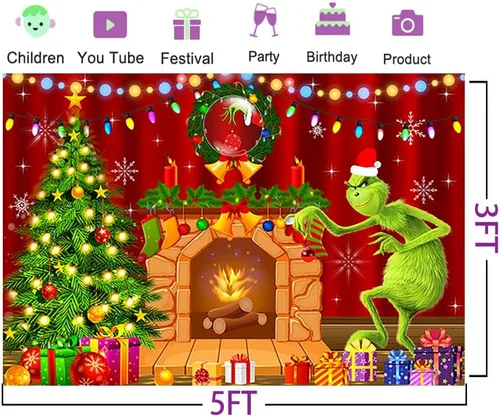 Miniatura 2 de Fondo de chimenea de dibujos animados para suministros de fiesta de Navidad, 5 x 3 pies, fondo de fotos de Navidad de Grinch, telón de fondo
