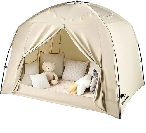 Miniatura 12 de Tiendas de cama para niños y adultos, portátil, 100% transpirable y 85% opaca, tienda de juegos y sueños para niños pequeños, 3 puertas gran espacio