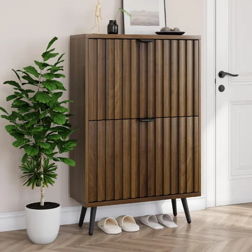 Miniatura 9 de Smuxee Armario de zapatos con 2 cajones abatibles, gabinete de almacenamiento de zapatos oculto natural de 23.6 pulgadas con diseño estriado