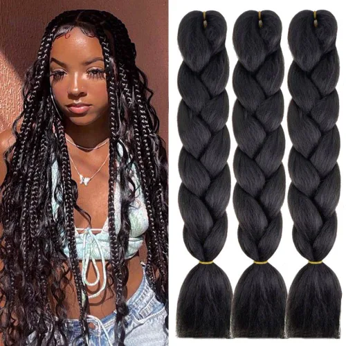 Cabello trenzado de fibra sintética, tamaño jumbo, extensiones de cabello Kanekalon suave, color negro, (24 pulgadas, 3 piezas)