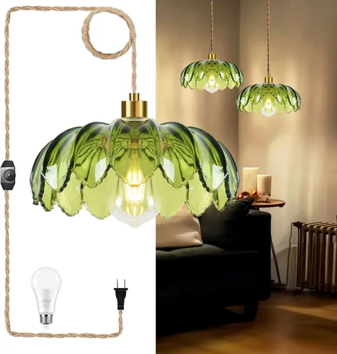 Miniatura 12 de Lámpara colgante de ratán para enchufar, con cable de enchufe, lámpara colgante de bambú regulable, tejida a mano estilo bohemio, pantalla
