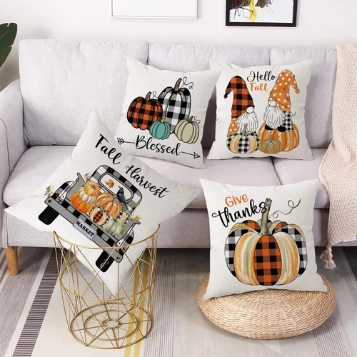 Miniatura 4 de Fundas de Almohada Decorativas de Otoño 18x18 Pulgadas Juego de 4 para Decoración de Otoño Calabaza Gris Camión Feliz Cosecha Granja Decorativas