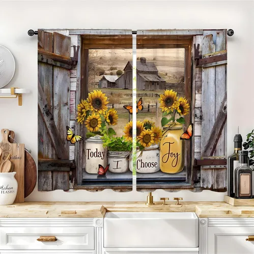Cortinas de Cocina Vintage Campestre con Girasol 26 Pulgadas de Ancho X 24 Pulgadas de Largo 2 Paneles con Bolsillo para Barra - Marrón Puerta de
