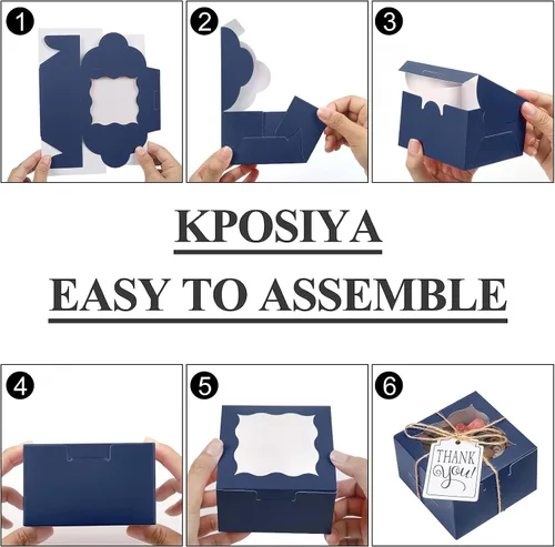 Miniatura 6 de KPOSIYA - 60 piezas de cajas de panadería azules con ventana, cajas individuales para cupcakes de 10 x 10 x 6 cm, cajas de papel kraft azules