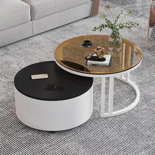 Miniatura 12 de Couchtisch Rund 2er Set, Kreativer Runder Couchtisch Aus Glas mit Metallrahmen, Mit Stauraum für Kleine Räume Wohnzimmer Schlafzimmer Balkone mit B