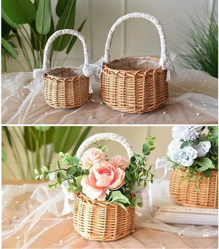 Miniatura 5 de Cesta de mimbre de ratán para flores, juego de 2 cestas de boda para niña, cesta tejida a mano de sauce con asas e inserto de plástico, cesta