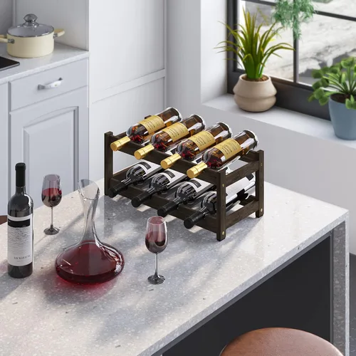 Miniatura 3 de BAMEOS Estante de vino independiente de 2 niveles y 8 botellas, estantes de vino de bambú, gabinete de encimera, soporte de vino, estante