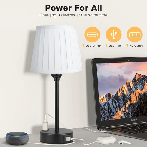 Miniatura 4 de Juego de 2 lámparas de noche blancas para dormitorio, pantalla plisada blanca con puertos de carga USB, lámparas táctiles para mesita de noche