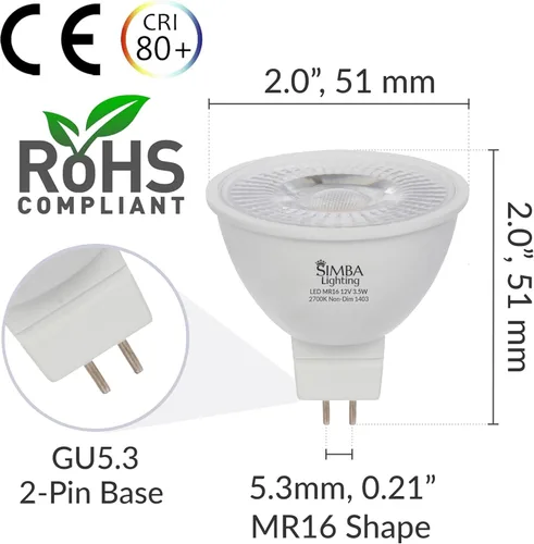Miniatura 2 de Simba Lighting Bombilla LED MR16 de 3.5 W 12 V (paquete de 10) Repuesto de foco halógeno de 20 W para paisaje, acento, rieles de luz, lámparas