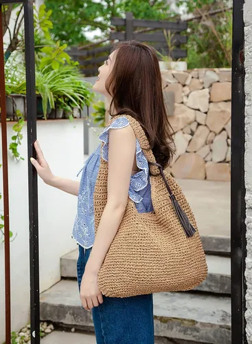 Miniatura 2 de JBRUN Bolso de hombro de paja para mujer, bolso tejido hecho a mano, bolso de playa de verano, asa de cuero, bolsa de cubo grande