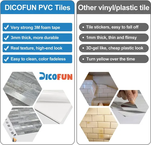 Miniatura 5 de DICOFUN - Azulejo adhesivo de loseta en muro de PVC para la cocina, estilo madera vieja, 1 lámina Madera envejecida y metal plateado