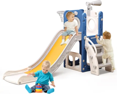 6 in 1 Toddler Playset with Slide,Toddler Slide,Slide for Kids with Basketball Hoop,Ball,Ring Toss,Kids Slide Toddler Playground Toddler Slide