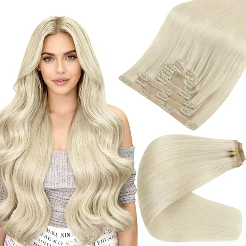 Miniatura 69 de Full Shine Extensiones de cabello humano con pinzas, cabello humano Remy invisible para mujer, color rubio platino, 20 pulgadas, 8 unidades, 4.23 oz