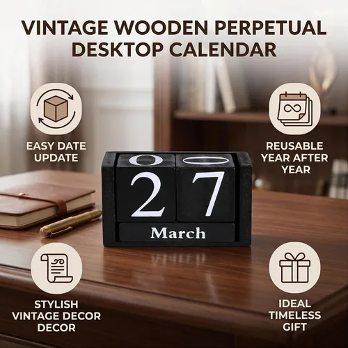 Miniatura 5 de Calendario de madera, bloque de calendario perpetuo europeo, bloque de escritorio, agenda anual, calendario mensual, fecha, escritorio, oficina