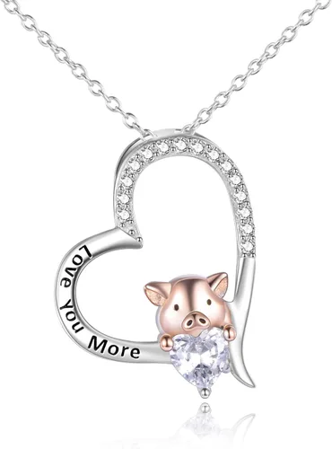 YFN Collar de cerdo, regalo de joyería de plata de ley 925, lindo colgante de animal con corazón de circonita cúbica, collar para mujeres y niñas