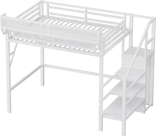 Miniatura 9 de Mirightone - Cama alta tamaño individual con escaleras y almacenamiento, base de cama de metal, estante de noche y gran espacio debajo, resistentes