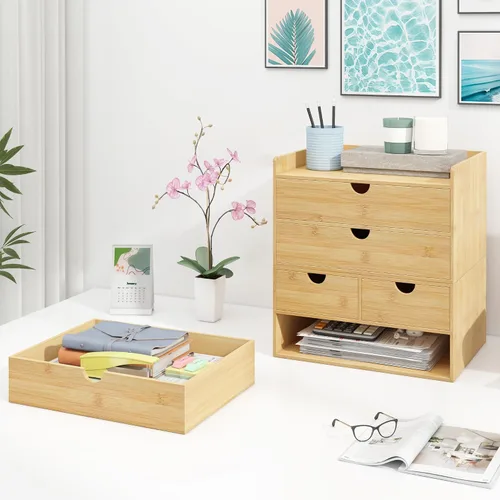 Miniatura 5 de Organizador de cajones de escritorio de bambú, organizador de escritorio grande con cajones, caja de organización de almacenamiento de mesa para 2