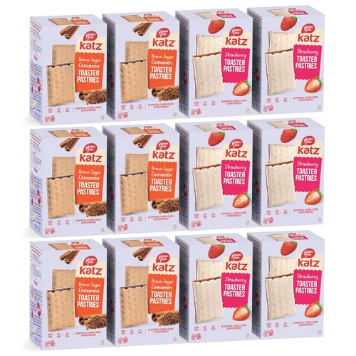 Katz sin gluten Snacks Variedad de pasteles tostados de fresa y canela. Comida para el desayuno o saludable en cualquier momento, sin lácteos,