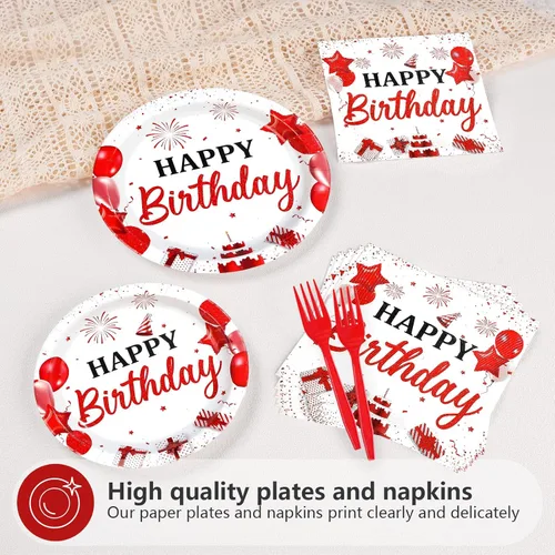Miniatura 3 de 96 piezas de decoraciones de fiesta de cumpleaños rojo y blanco con platos y servilletas de feliz cumpleaños, juegos de vajilla de globos