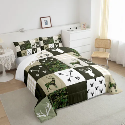 Miniatura 41 de Juego de edredón de cuernos de ciervo tamaño individual, juego de ropa de cama rústica de granja con huellas de oso y pinos para decoración