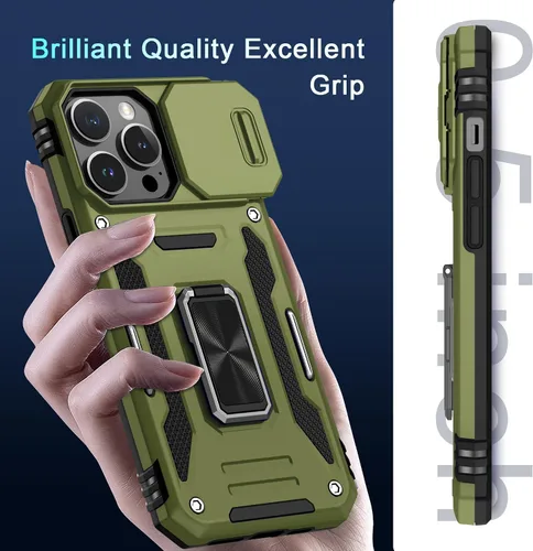 Miniatura 170 de DEERLAMN Funda para iPhone Xs Max con funda deslizante para cámara + protector de pantalla, soporte giratorio de anillo de grado militar a prueba