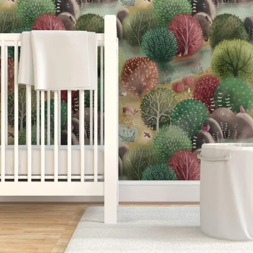 Miniatura 6 de Papel tapiz para despegar y pegar, bosque caprichoso, naturaleza, bosque, otoño, paisaje, árboles, animales, papel tapiz extraíble personalizado por