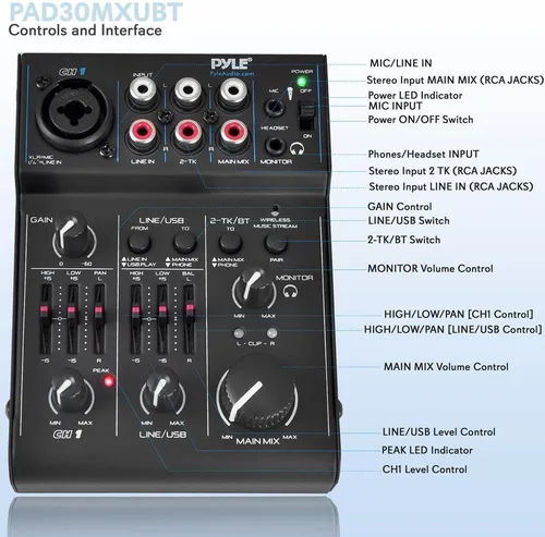 Miniatura 2 de Pyle - Mezclador de audio Bluetooth de 3 canales - Controlador de sonido DJ con tarjeta de sonido USB para grabación en PC - XLR - Conector