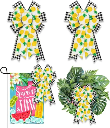 Miniatura 8 de Estivaux 2 lazos de girasoles de primavera para corona, lazos de corona de verano, lazos amarillos y blancos a cuadros, lazos de arpillera azules
