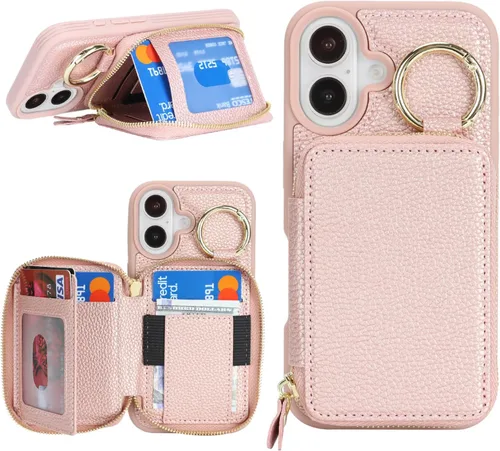 Miniatura 18 de Funda compatible con iPhone Air Wallet con tarjetero para iPhone Air, funda con cremallera y ranura para mujer, 5G de 6.5 pulgadas, color oro rosa