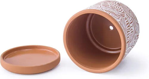 Miniatura 3 de D'vine Dev Juego de 2 macetas de terracota, maceta con patrón de hojas, 4 y 6 pulgadas, maceta con orificio de drenaje y platillo, terracota/blanco