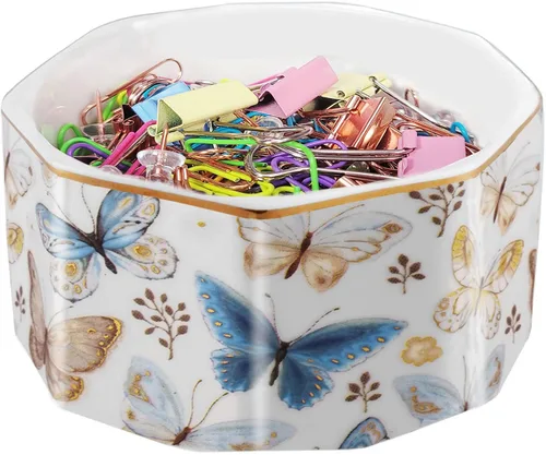 Miniatura 8 de Portaclips de Cerámica con Línea Dorada Dispensador Organizador de Clips para Escritorio Lindo Patrón de Mármol Terrazo Portaclips de Oficina