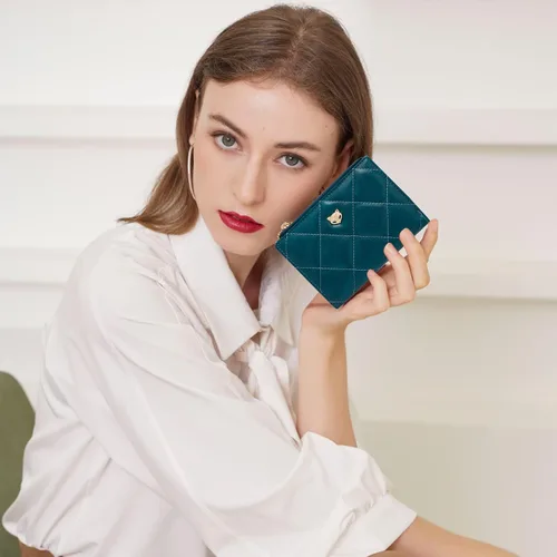Miniatura 6 de FOXLOVER RFID pequeño cuero genuino titulares de tarjetas de crédito cartera para mujeres, señoras lindo cuero de vaca tarjeta caso, Azul A, Compacto