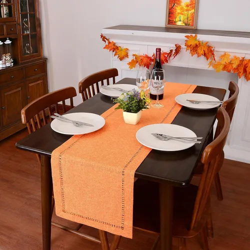 Miniatura 6 de Grelucgo Camino de mesa rústico con dobladillo cosido naranja y amarillo para otoño, Halloween y Acción de Gracias (14 x 72 pulgadas)