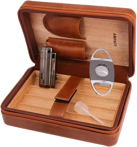 Miniatura 4 de AMANCY Elegante funda de humidor de 4 puros con forro de madera de cedro marrón marrón hecha a mano con 3 encendedores y cortador de cigarrillos